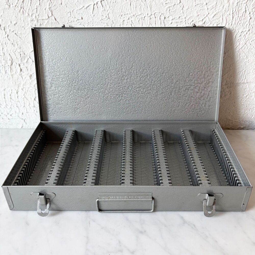Vintage Steel 35mm Slide Storage Case 150 Capacity Gray Metal Organizer Box